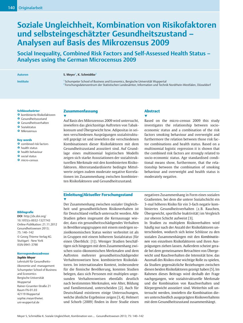 Vorschauseite 1: Soziale Ungleichheit, Kombination von Risikofaktoren und selbsteingeschätzter Gesundheitszustand? Analysen auf Basis des Mikrozensus 2009