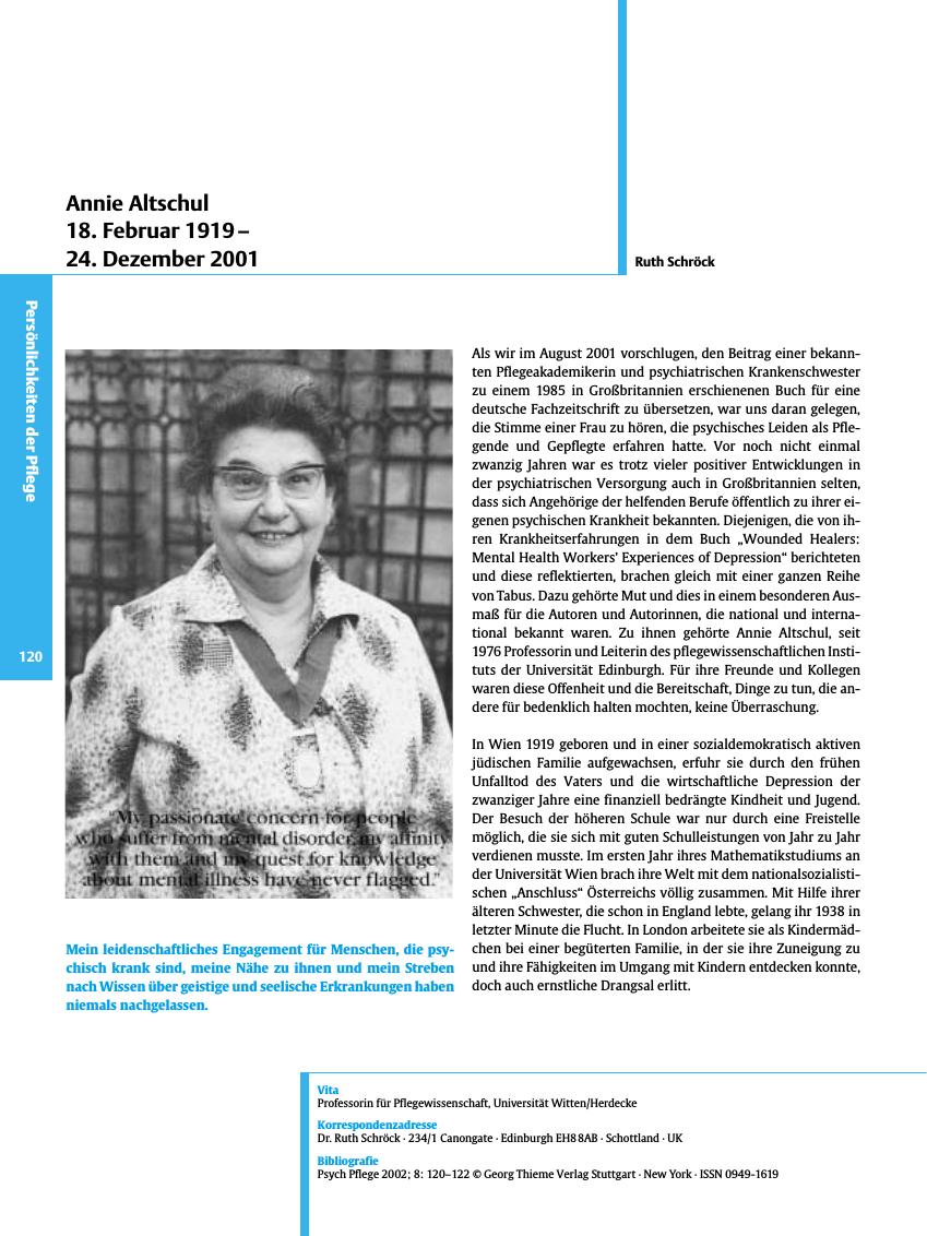 Vorschauseite 1: Annie Altschul 18. Februar 1919 - 24. Dezember 2001