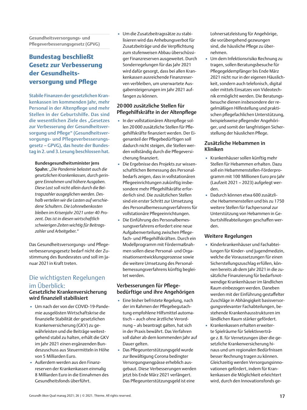 Vorschauseite 1: Gesundheitsversorgungsund Pflegeverbesserungsgesetz (GPVG) – Bundestag beschließt Gesetz zur Verbesserung der Gesundheitsversorgung und Pflege