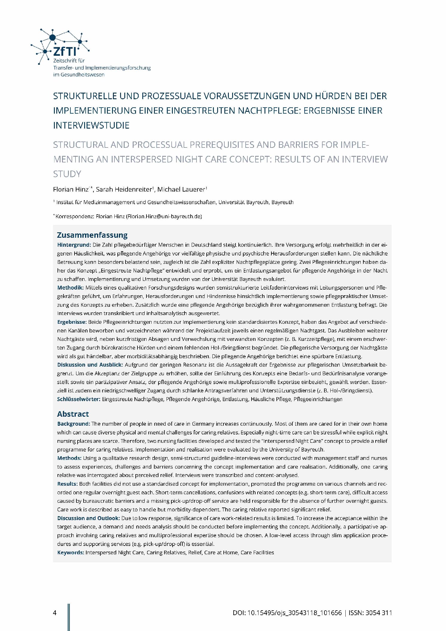 Vorschauseite 1: Strukturelle und prozessuale Voraussetzungen und Hürden bei der Implementierung einer eingestreuten Nachtpflege: Ergebnisse einer Interviewstudie