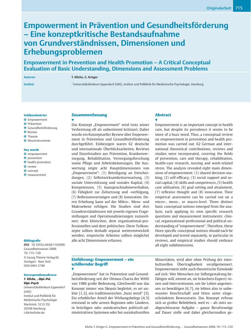 Vorschauseite 1: Empowerment in Prävention und Gesundheitsförderung – Eine konzeptkritische Bestandsaufnahme von Grundverständnissen, Dimensionen und Erhebungsproblemen
