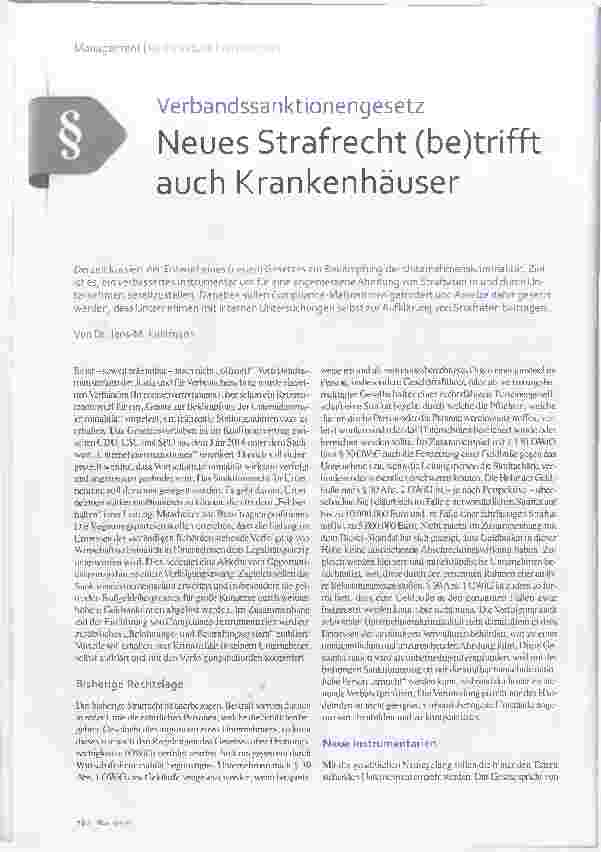 Vorschauseite 1: Verbandssanktionengesetz Neues Strafrecht betrifft auch Krankenhäuser.