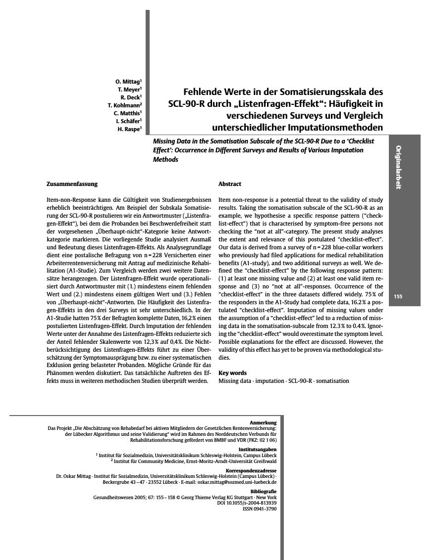Vorschauseite 1: Fehlende Werte in der Somatisierungsskala des SCL-90-R durch „Listenfragen-Effekt”: Häufigkeit in verschiedenen Surveys und Vergleich unterschiedlicher Imputationsmethoden