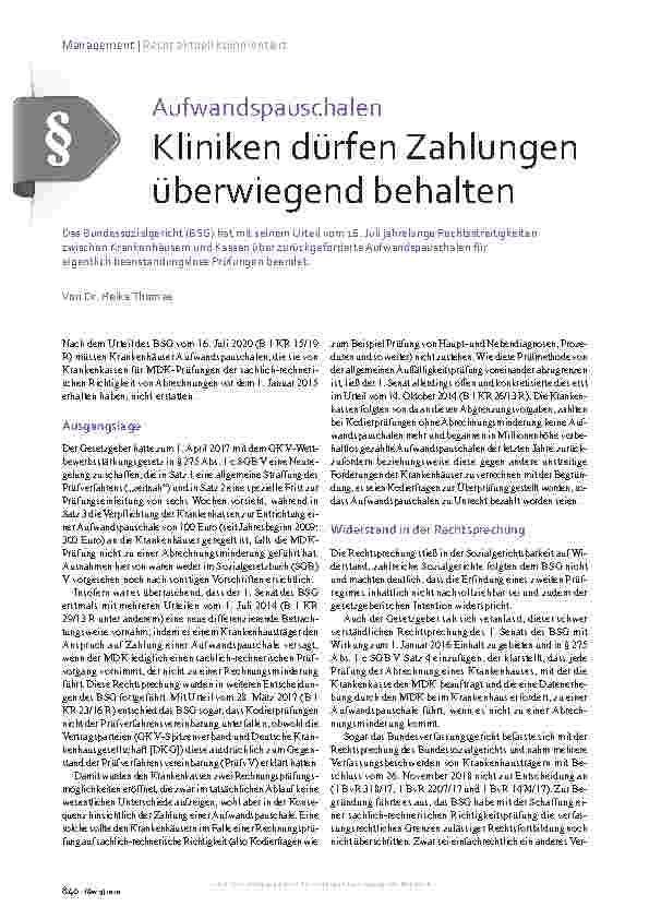 Vorschauseite 1: Aufwandspauschalen: Kliniken dürfen Zahlungen überwiegend behalten.