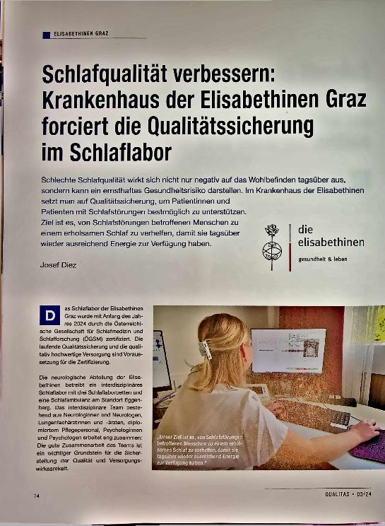 Vorschauseite 1: Schlafqualität verbessern: "Krankenhaus der Elisabethinen Graz forciert die Qualitätssicherung im Schlaflabor"