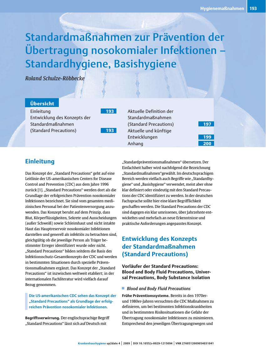 Vorschauseite 1: Standardmaßnahmen zur Prävention der Übertragung nosokomialer Infektionen – Standardhygiene, Basishygiene