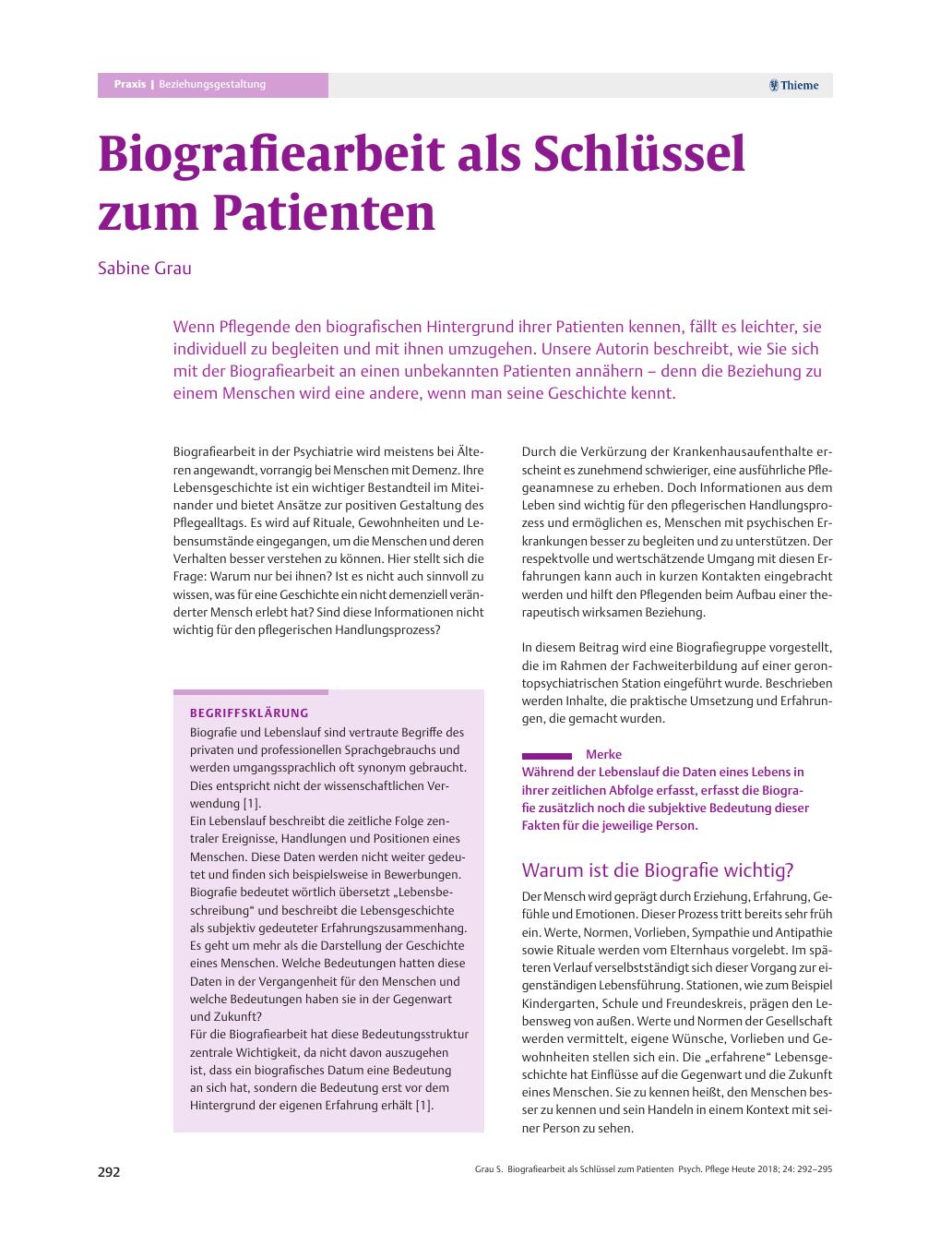 Vorschauseite 1: Biografiearbeit als Schlüssel zum Patienten