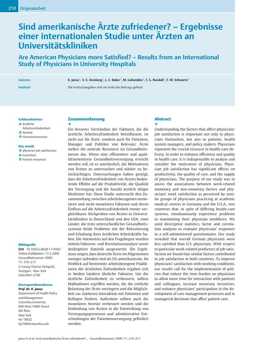 Vorschauseite 1: Sind amerikanische Ärzte zufriedener? – Ergebnisse einer internationalen Studie unter Ärzten an Universitätskliniken