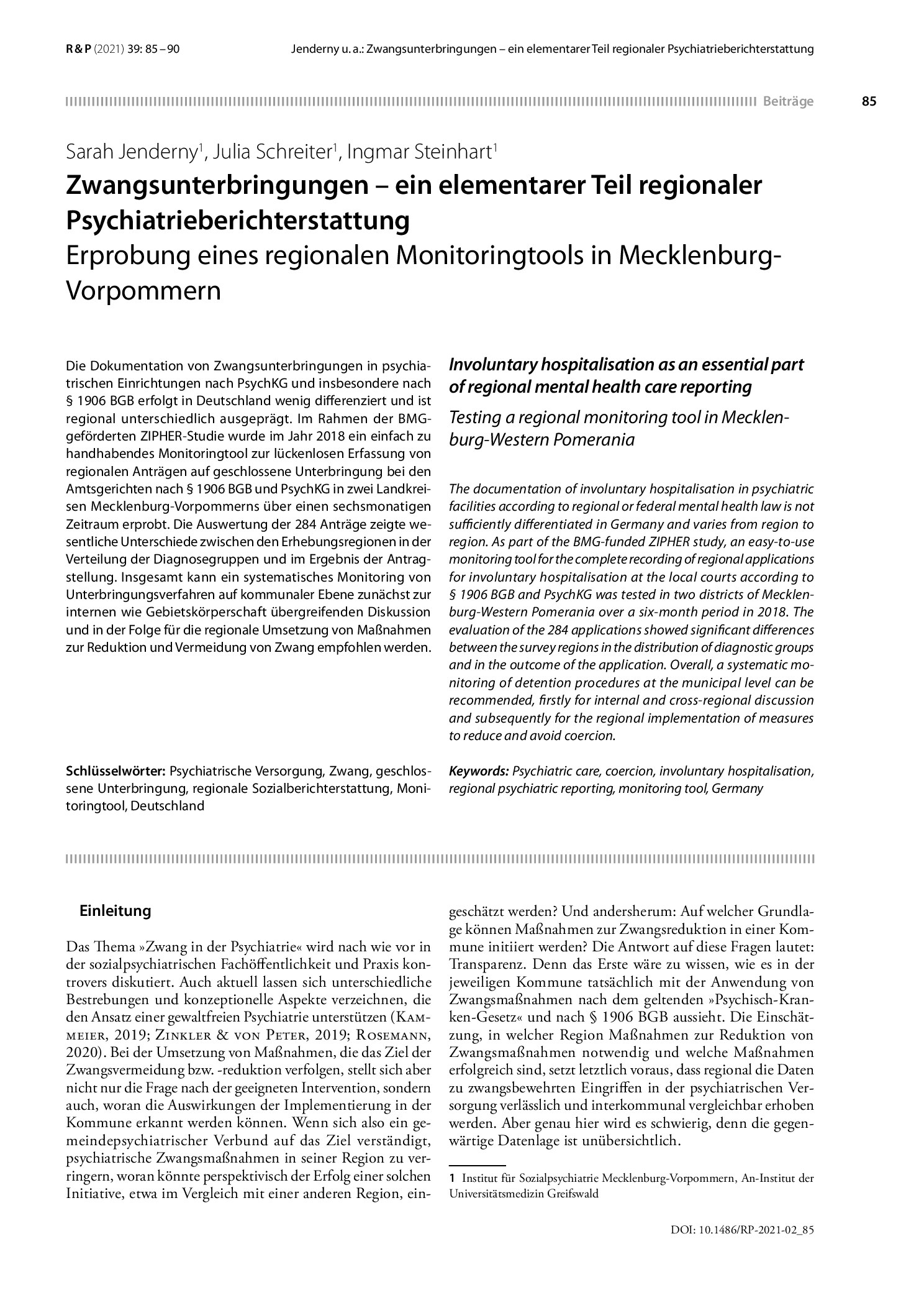 Vorschauseite 1: Zwangsunterbringungen – ein elementarer Teil regionaler Psychiatrieberichterstattung: Erprobung eines regionalen Monitoringtools in Mecklenburg-Vorpommern