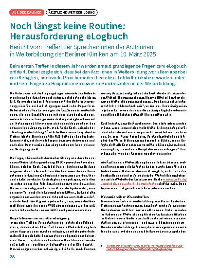 Vorschauseite 1: Noch längst keine Routine: Herausforderung eLogbuch Bericht vom Treffen der Sprecher: innen der Ärzt: innen in Weiterbildung der Berliner Kliniken am 10. März 2025