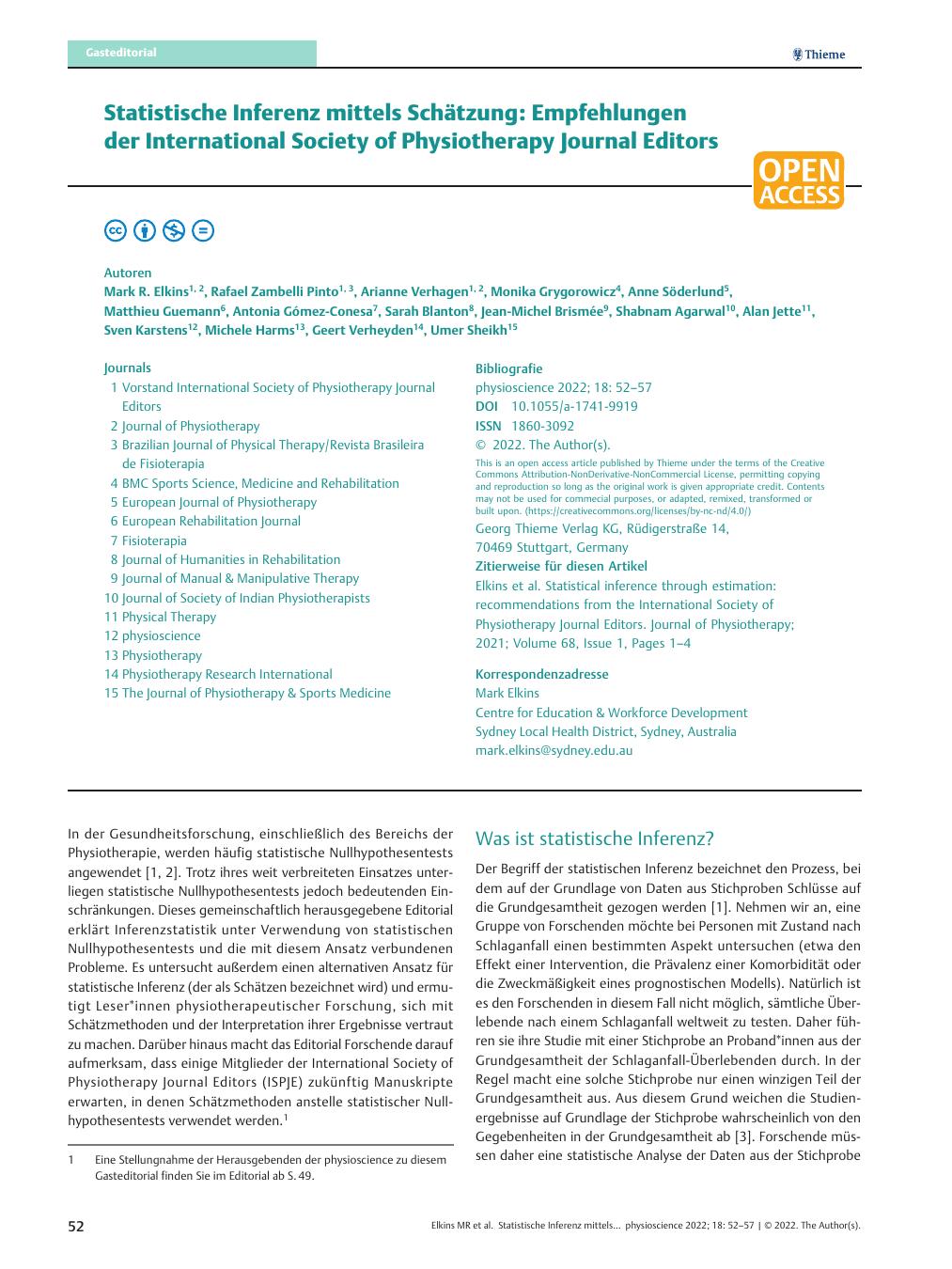 Vorschauseite 1: Statistische Inferenz mittels Schätzung: Empfehlungen der International Society of Physiotherapy Journal Editors