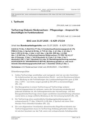 Vorschauseite 1: I. Tarifrecht Tarifvertrag Diakonie Niedersachsen – Pflegezulage – Anspruch für Beschäftigte im Funktionsdienst