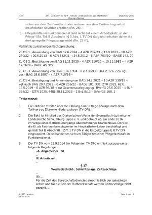 Vorschauseite 2: I. Tarifrecht Tarifvertrag Diakonie Niedersachsen – Pflegezulage – Anspruch für Beschäftigte im Funktionsdienst