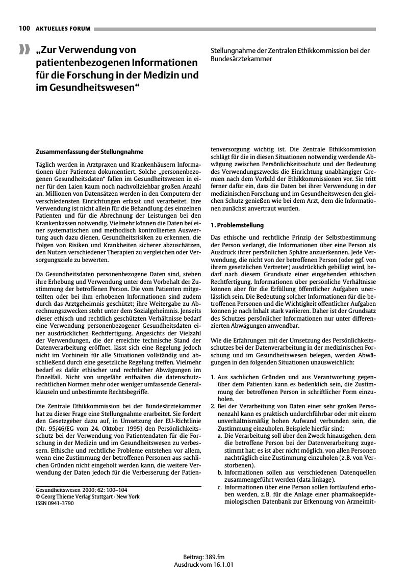 Vorschauseite 1: „Zur Verwendung von patientenbezogenen Informationen für die Forschung in der Medizin und im Gesundheitswesen”