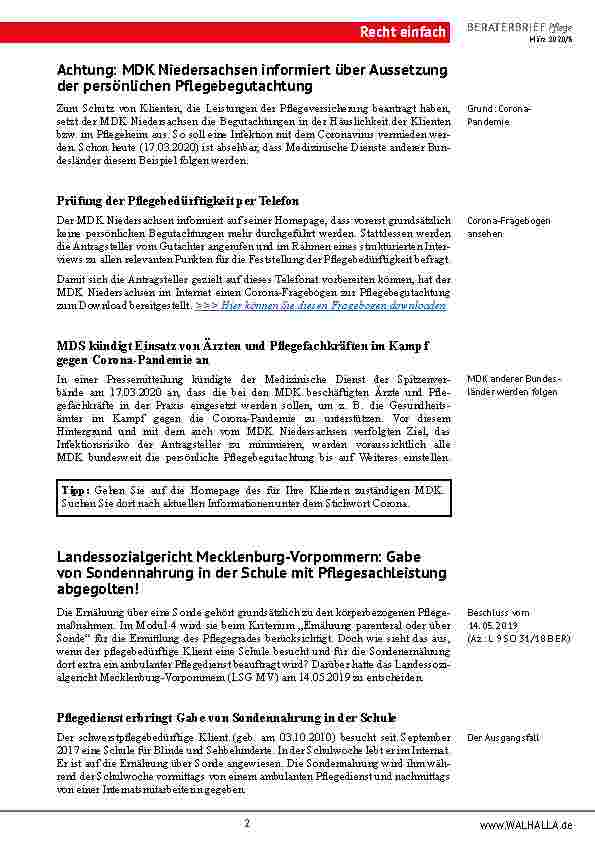 Vorschauseite 2: Achtung: MDK Niedersachsen informiert über Aussetzung der persönlichen Pflegebegutachtung