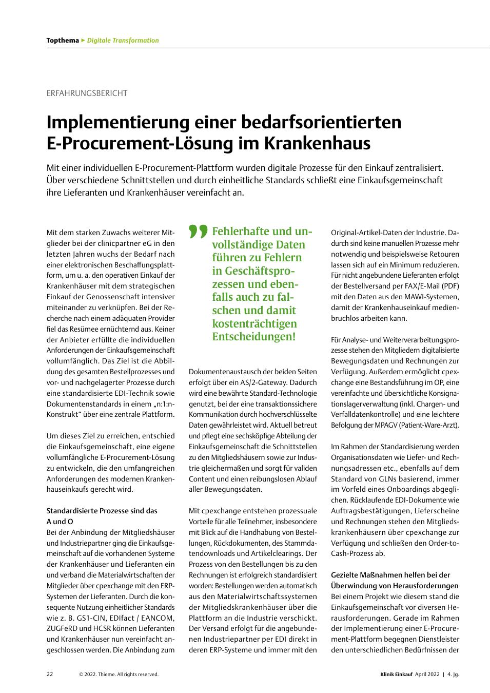 Vorschauseite 1: Erfahrungsbericht: Implementierung einer bedarfsorientierten E-Procurement-Lösung im Krankenhaus
