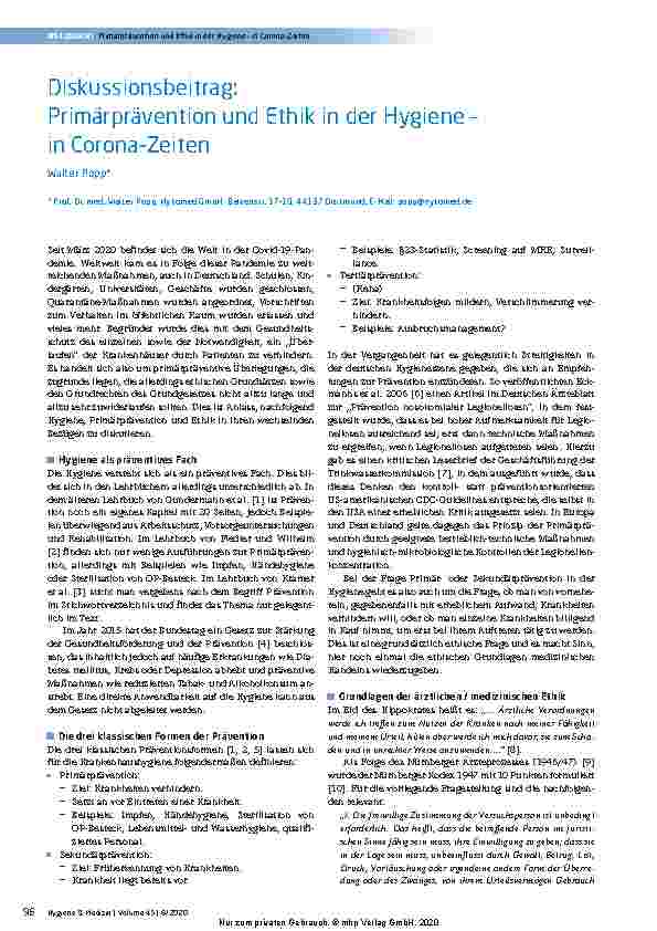 Vorschauseite 1: Diskussionsbeitrag: Primärprävention und Ethik in der Hygiene – in Corona-Zeiten