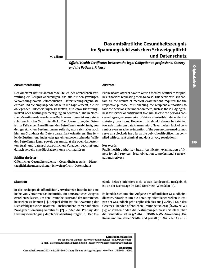 Vorschauseite 1: Das amtsärztliche Gesundheitszeugnis im Spannungsfeld zwischen Schweigepflicht und Datenschutz