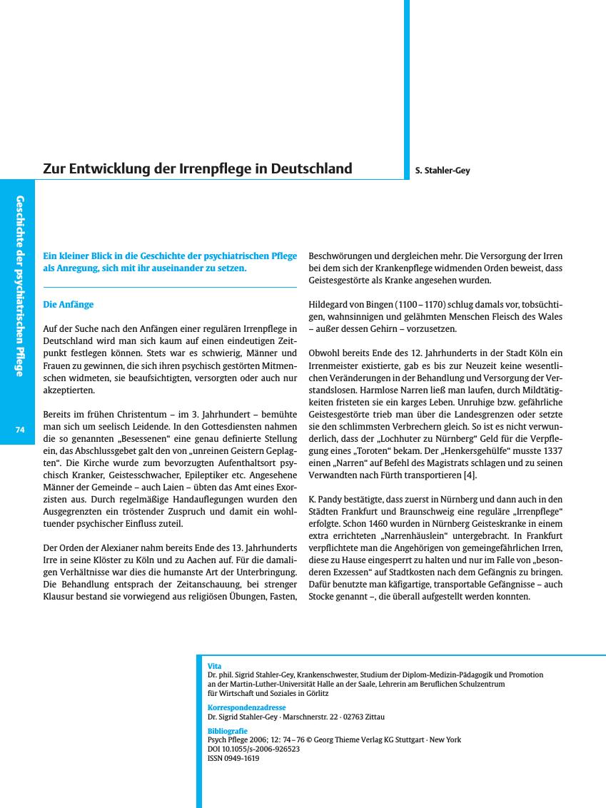 Vorschauseite 1: Zur Entwicklung der Irrenpflege in Deutschland