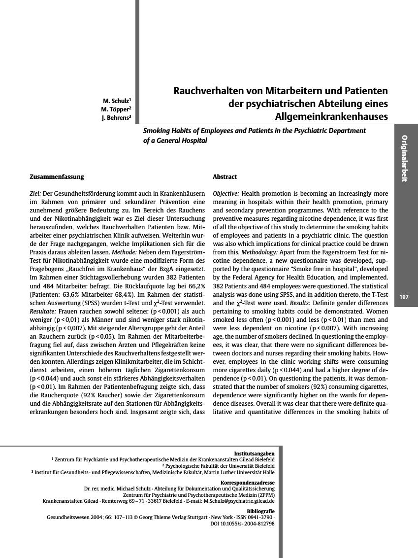 Vorschauseite 1: Rauchverhalten von Mitarbeitern und Patienten der psychiatrischen Abteilung eines Allgemeinkrankenhauses