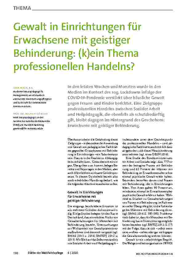 Vorschauseite 1: Gewalt in Einrichtungen für Erwachsene mit geistiger Behinderung: (k)ein Thema professionellen Handelns?