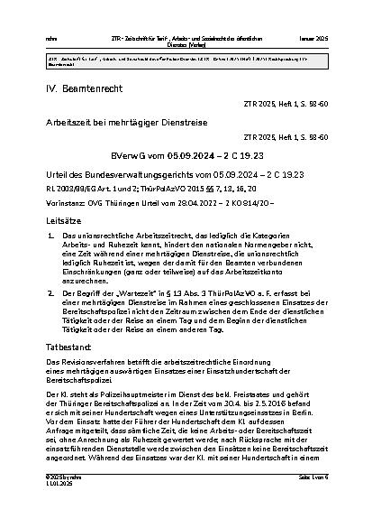 Vorschauseite 1: IV. Beamtenrecht Arbeitszeit bei mehrtägiger Dienstreise