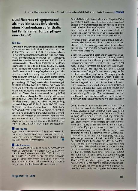 Vorschauseite 1: Qualifiziertes Pflegepersonal als medizinisches Erfordernis eines Krankenhausaufenthalts bei Fehlen einer Sonderpflegeeinrichtung.