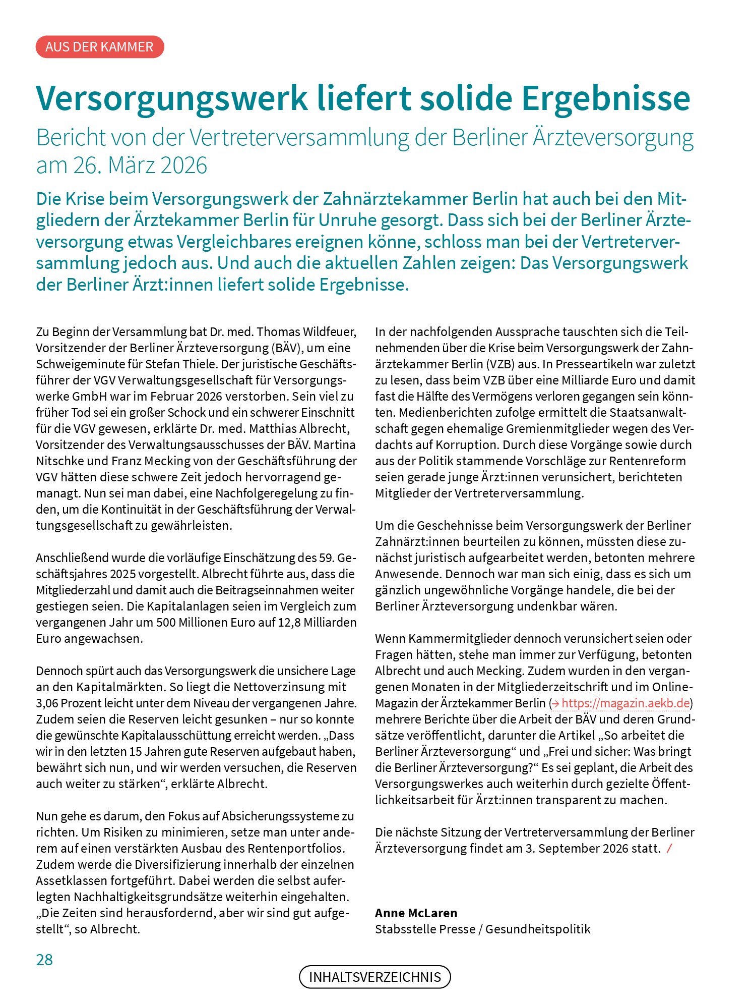 Vorschauseite 1: Versorgungswerk liefert solide Ergebnisse