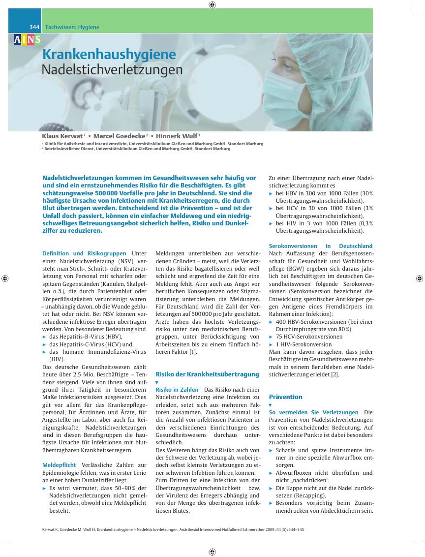 Vorschauseite 1: Krankenhaushygiene – Nadelstichverletzungen