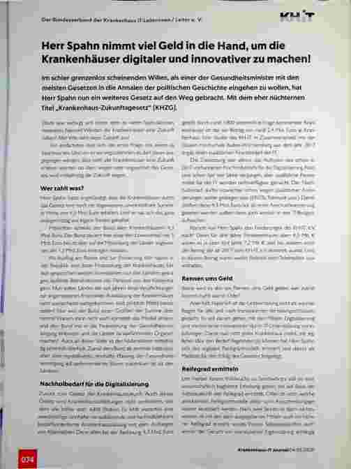 Vorschauseite 1: Herr Spahn nimmt viel Geld in die Hand, um die Krankenhäuser digitaler und innovativer zu machen!