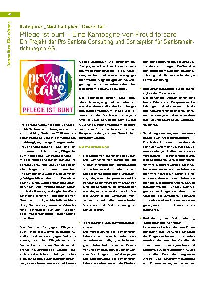 Vorschauseite 1: Pflege ist bunt – Eine Kampagne von Proud to Care. Ein Projekt der Pro Seniore Consulting und Conception für Senioreneinrichtungen AG.