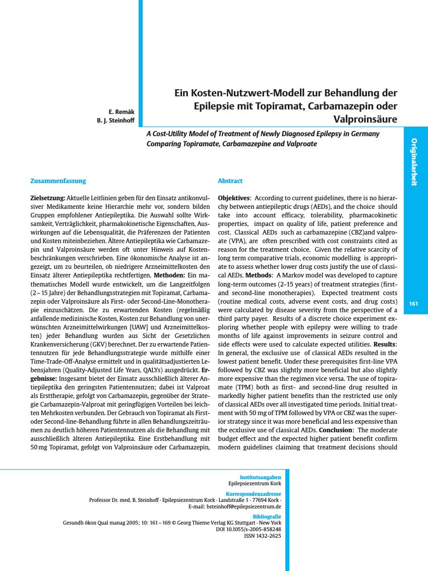 Vorschauseite 1: Ein Kosten-Nutzwert-Modell zur Behandlung der Epilepsie mit Topiramat, Carbamazepin oder Valproinsäure
