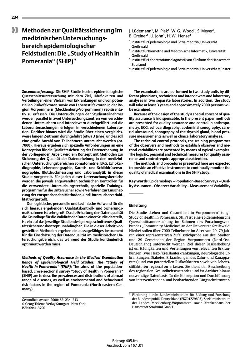 Vorschauseite 1: Methoden zur Qualitätssicherung im medizinischen Untersuchungsbereich epidemiologischer Feldstudien: Die „Study of Health in Pomerania” (SHIP)*