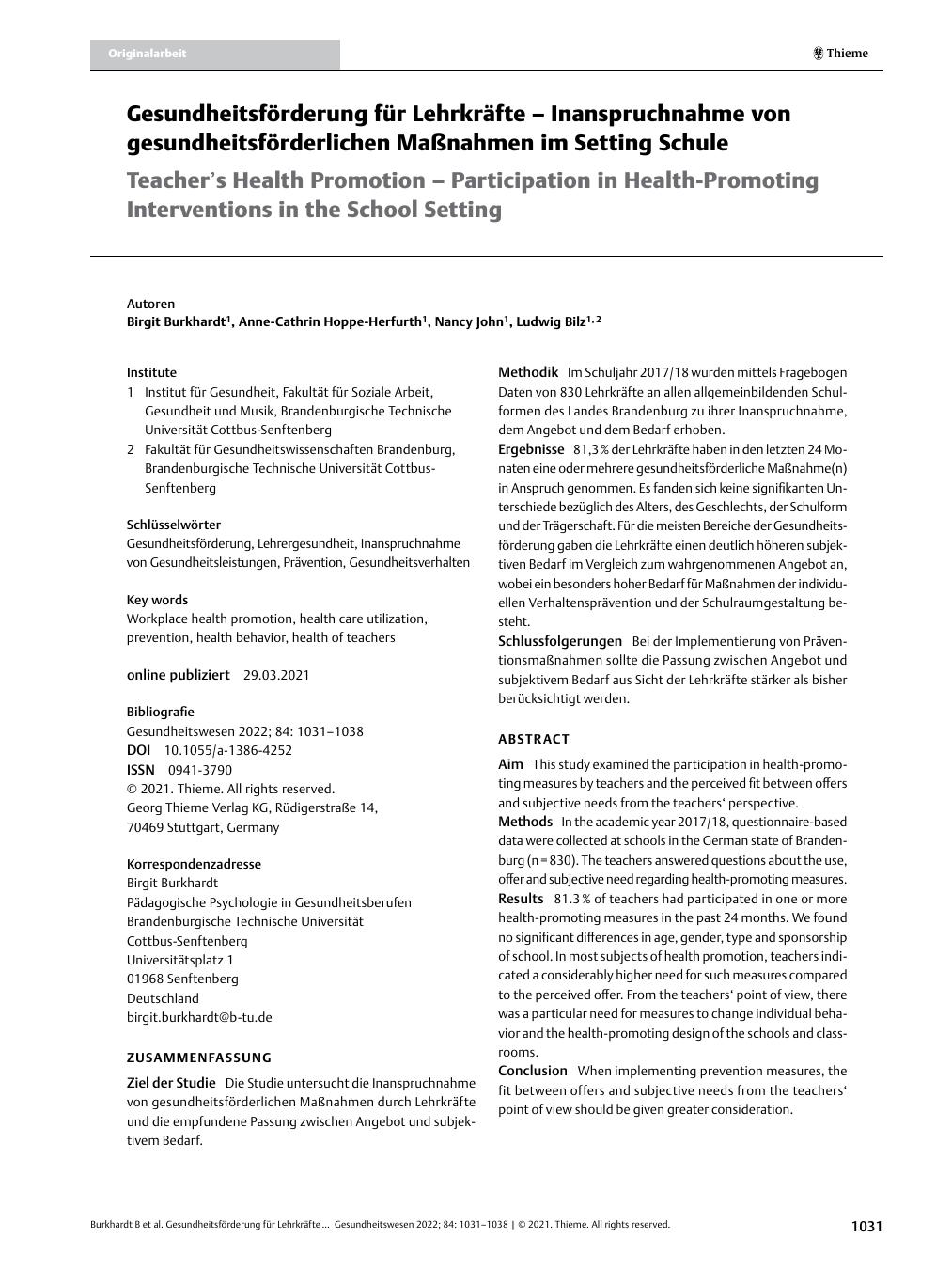 Vorschauseite 1: Gesundheitsförderung für Lehrkräfte – Inanspruchnahme von gesundheitsförderlichen Maßnahmen im Setting Schule