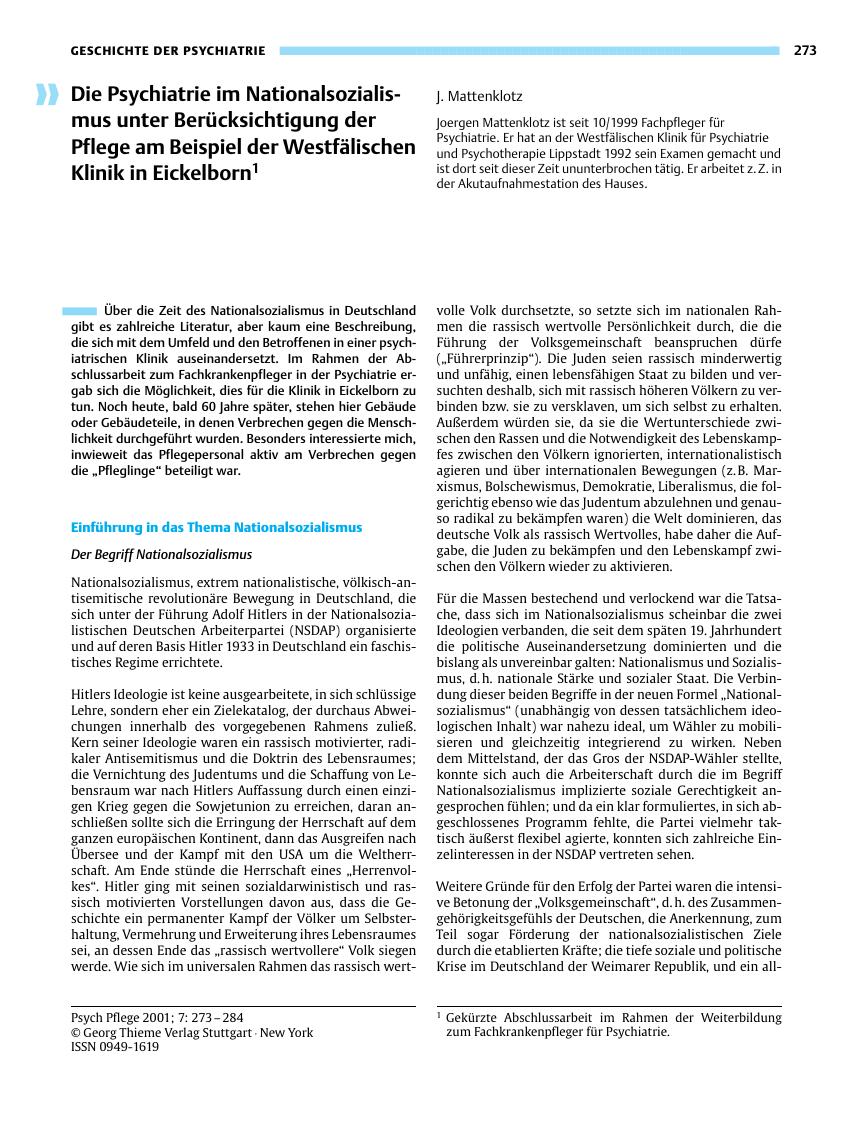 Vorschauseite 1: Die Psychiatrie im Nationalsozialismus unter Berücksichtigung der Pflege am Beispiel der Westfälischen Klinik in Eickelborn