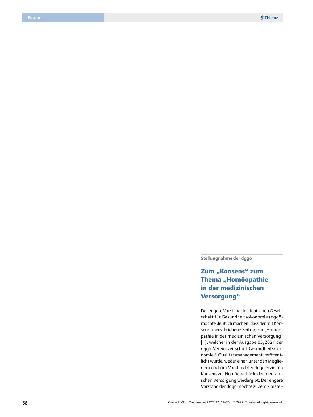 Vorschauseite 1: Stellungnahme der DGgÖ – Zum „Konsens“ zum Thema „Homöopathie in der medizinischen Versorgung“