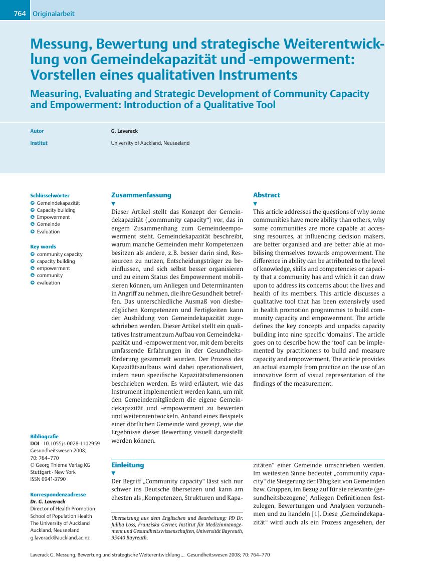 Vorschauseite 1: Messung, Bewertung und strategische Weiterentwicklung von Gemeindekapazität und -empowerment: Vorstellen eines qualitativen Instruments