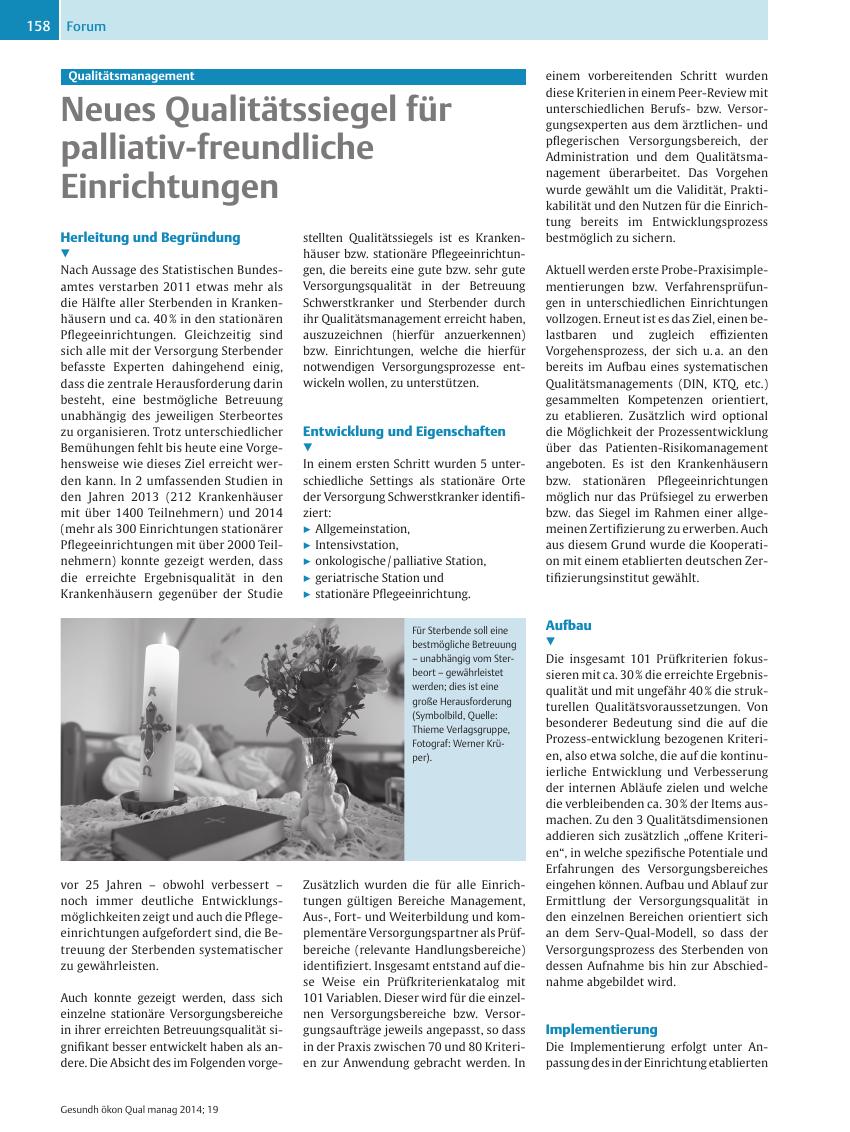 Vorschauseite 1: Qualitätsmanagement – Neues Qualitätssiegel für palliativ-freundliche Einrichtungen