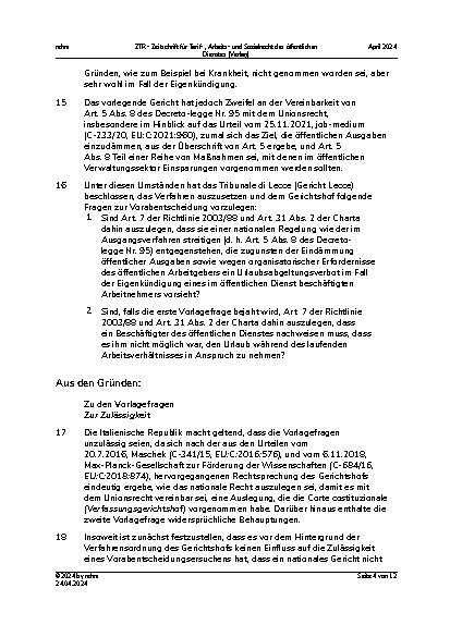 Vorschauseite 4: II. Allgemeines Arbeitsrecht: Finanzielle Vergütung nicht genommenen Urlaubs bei Beendigung des Arbeitsverhältnisses auf Wunsch des Arbeitnehmers