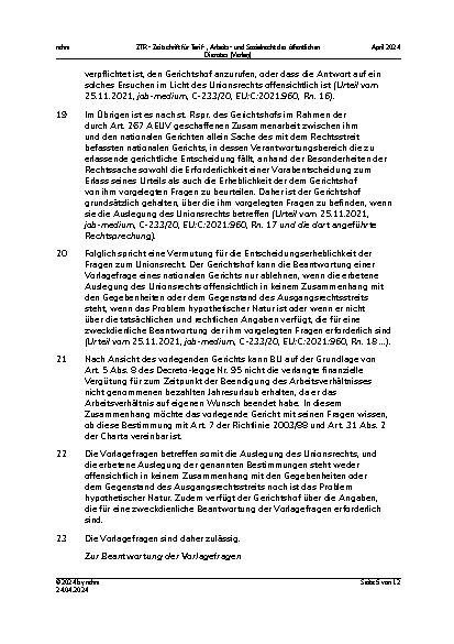Vorschauseite 5: II. Allgemeines Arbeitsrecht: Finanzielle Vergütung nicht genommenen Urlaubs bei Beendigung des Arbeitsverhältnisses auf Wunsch des Arbeitnehmers