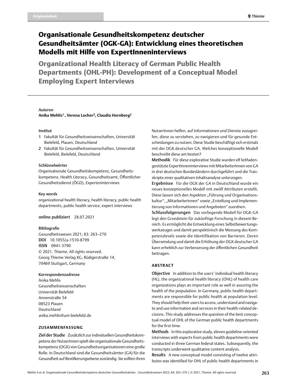 Vorschauseite 1: Organisationale Gesundheitskompetenz deutscher Gesundheitsämter (OGK-GA): Entwicklung eines theoretischen Modells mit Hilfe von Experteninterviews