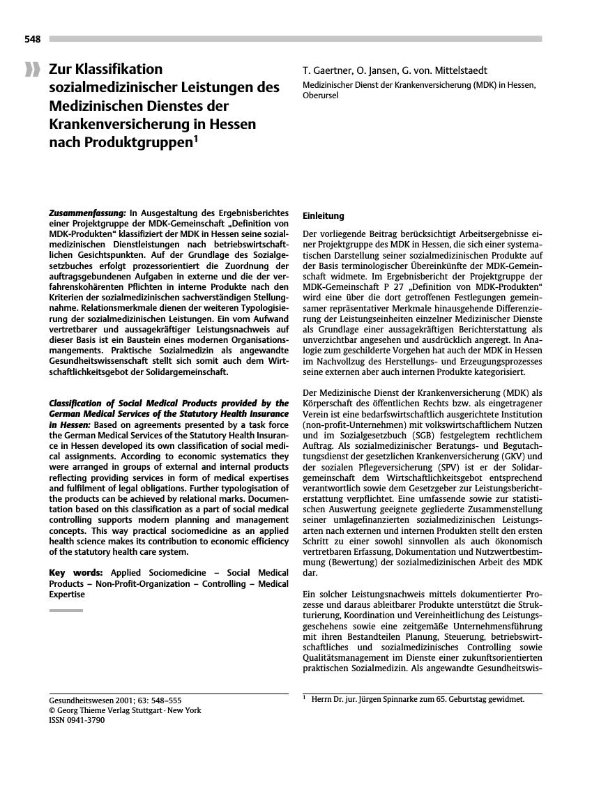 Vorschauseite 1: Zur Klassifikation sozialmedizinischer Leistungen des Medizinischen Dienstes der Krankenversicherung in Hessen nach Produktgruppen