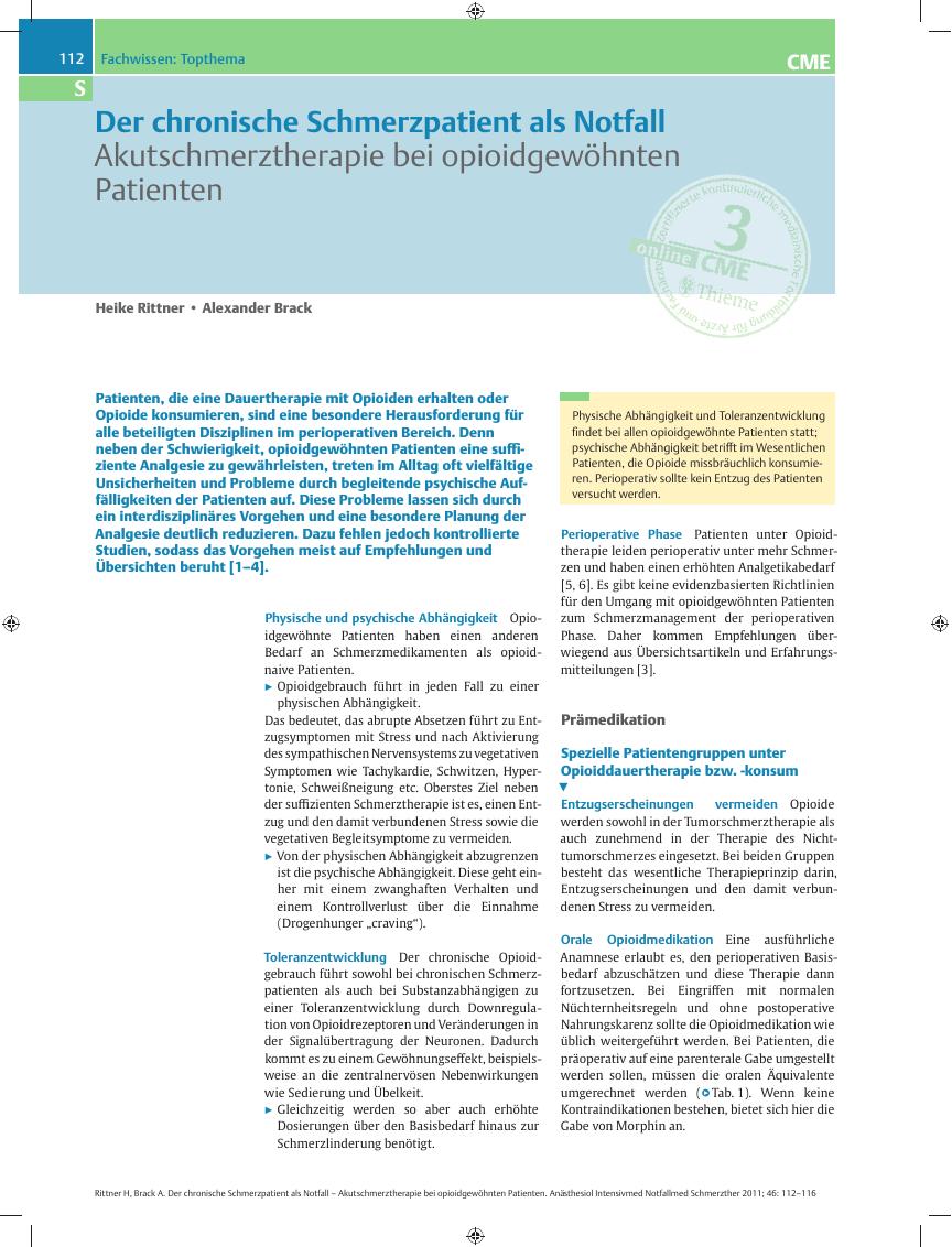 Vorschauseite 1: Der chronische Schmerzpatient als Notfall – Akutschmerztherapie bei opioidgewöhnten Patienten
