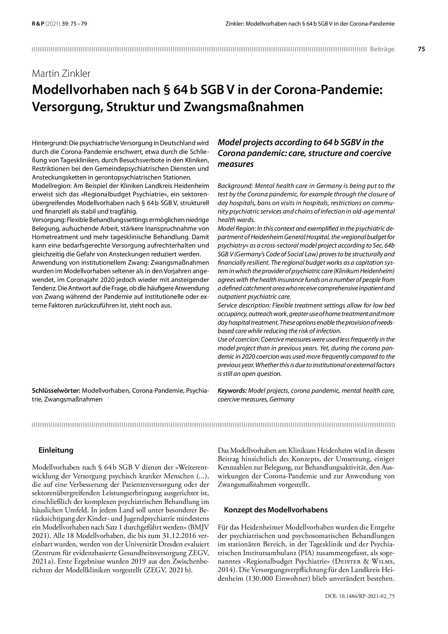Vorschauseite 1: Modellvorhaben nach § 64 b SGB V in der Corona-Pandemie: Versorgung, Struktur und Zwangsmaßnahmen