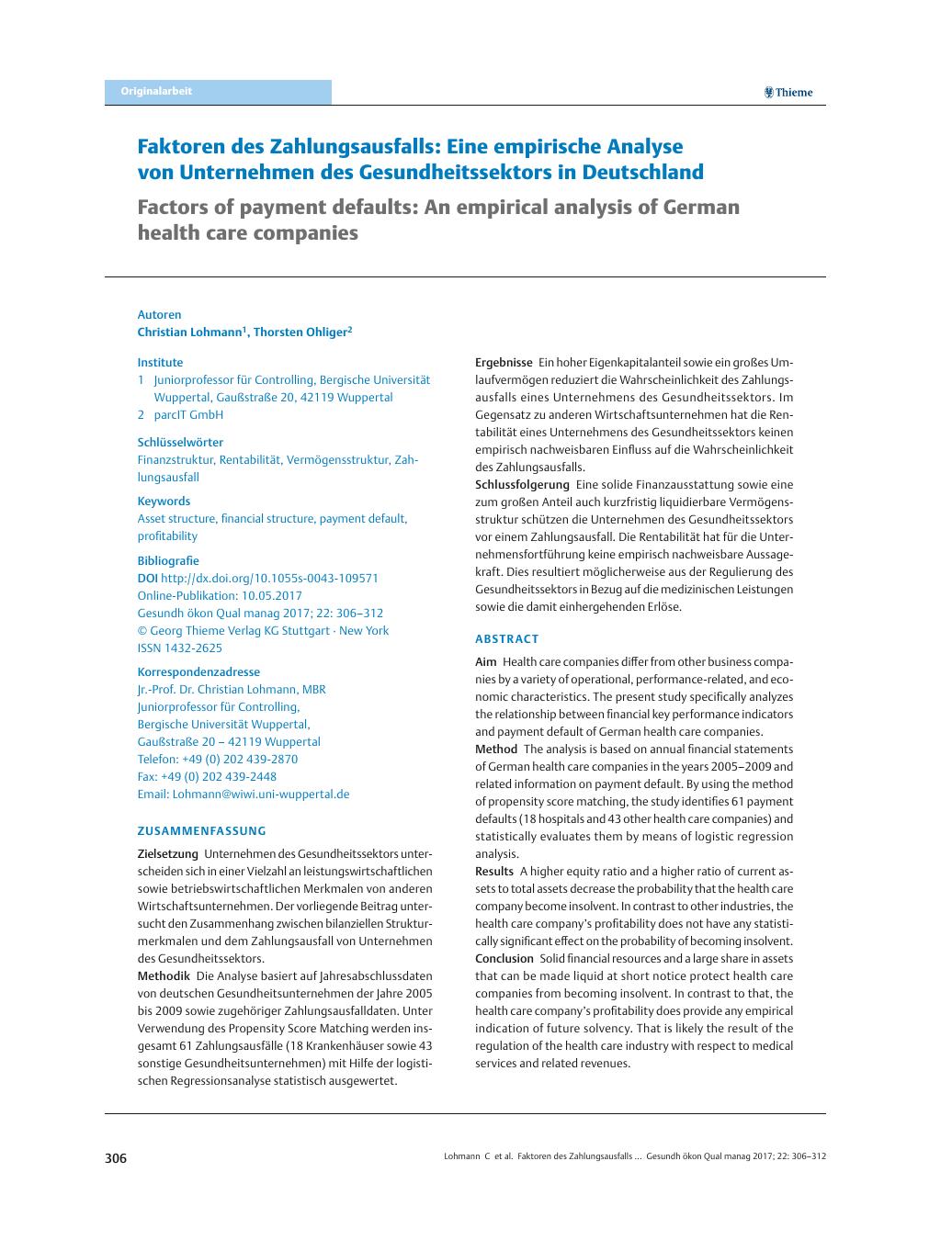 Vorschauseite 1: Faktoren des Zahlungsausfalls: Eine empirische Analyse von Unternehmen des Gesundheitssektors in Deutschland