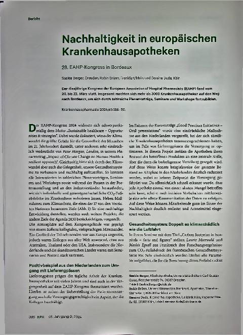 Vorschauseite 1: Nachhaltigkeit in europäischen Krankenhausapotheken