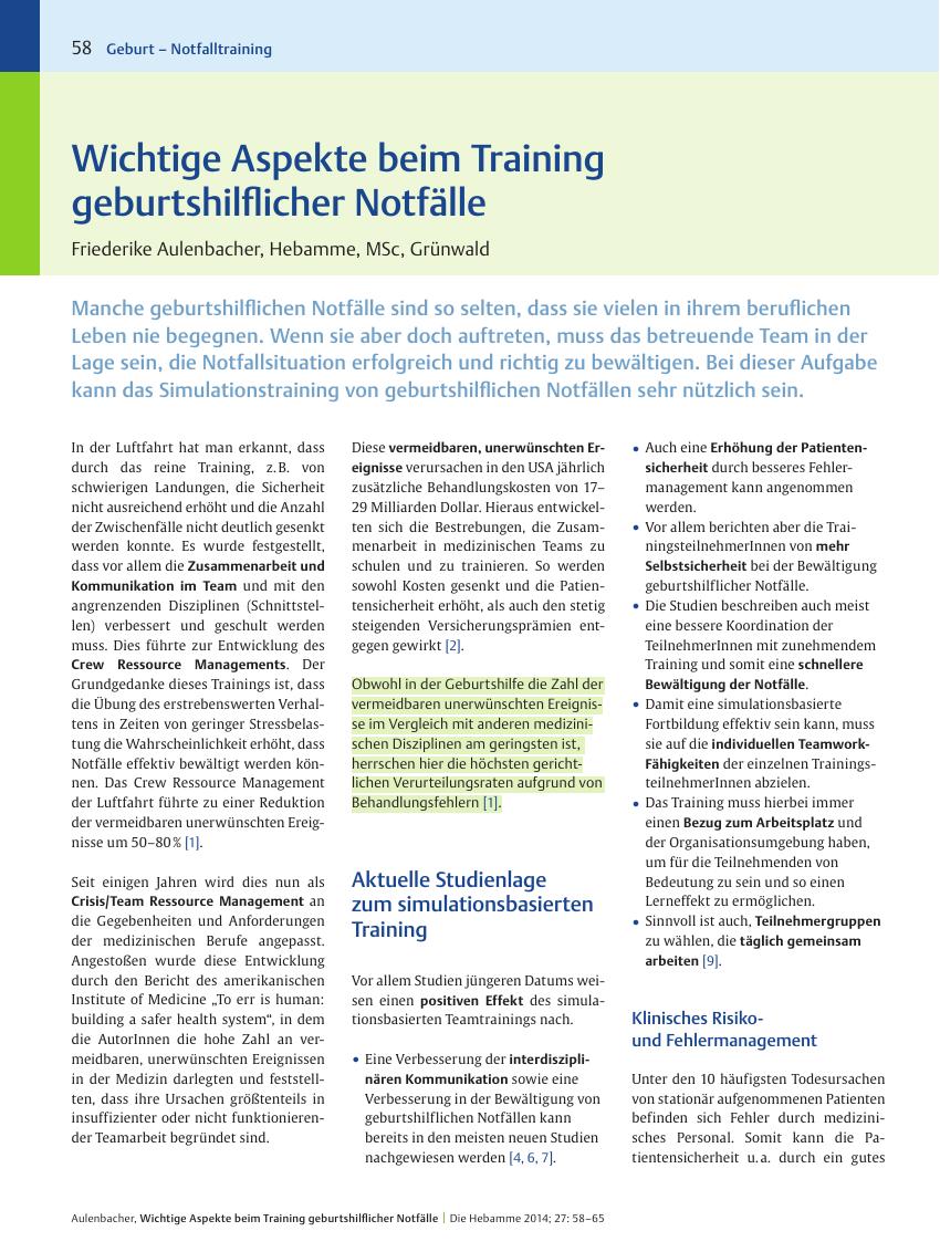 Vorschauseite 1: Wichtige Aspekte beim Training geburtshilflicher Notfälle