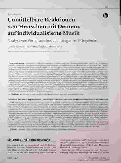 Vorschauseite 1: Unmittelbare Reaktionen von Menschen mit Demenz auf individualisierte Musik: Analyse von Verhaltensbeobachtungen im Pflegeheim.