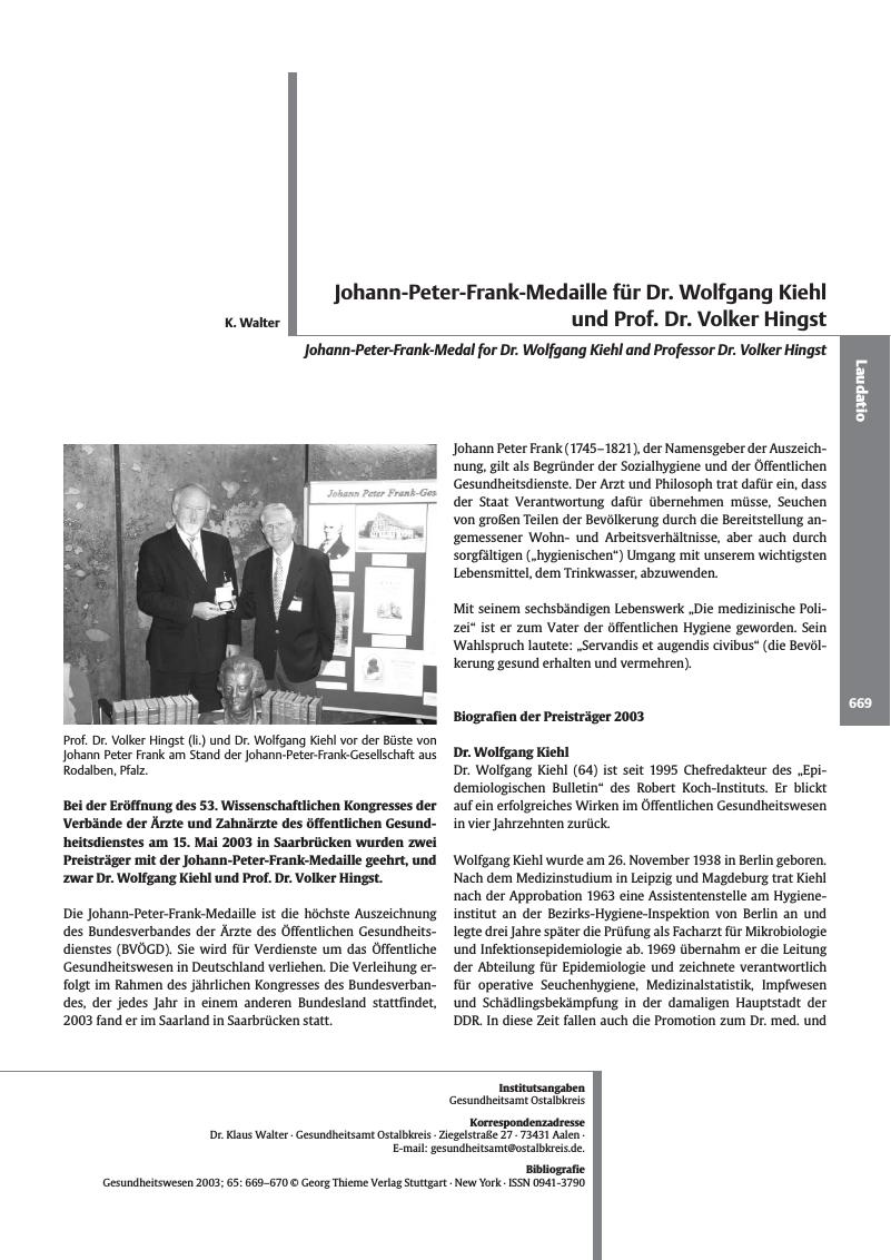Vorschauseite 1: Johann-Peter-Frank-Medaille für Dr. Wolfgang Kiehl und Prof. Dr. Volker Hingst