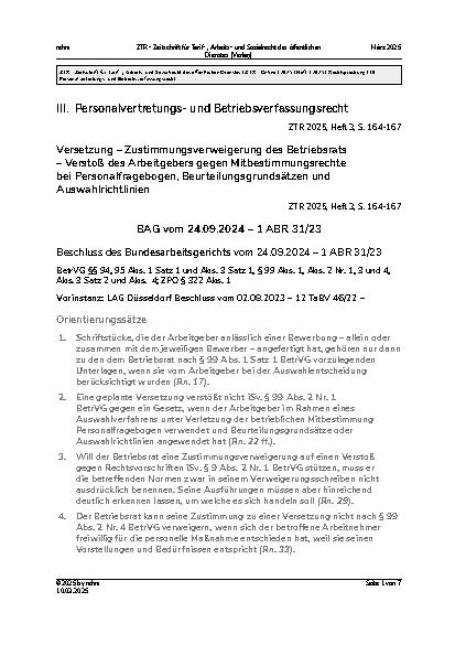 Vorschauseite 1: III. Personalvertretungsund Betriebsverfassungsrecht Versetzung – Zustimmungsverweigerung des Betriebsrats